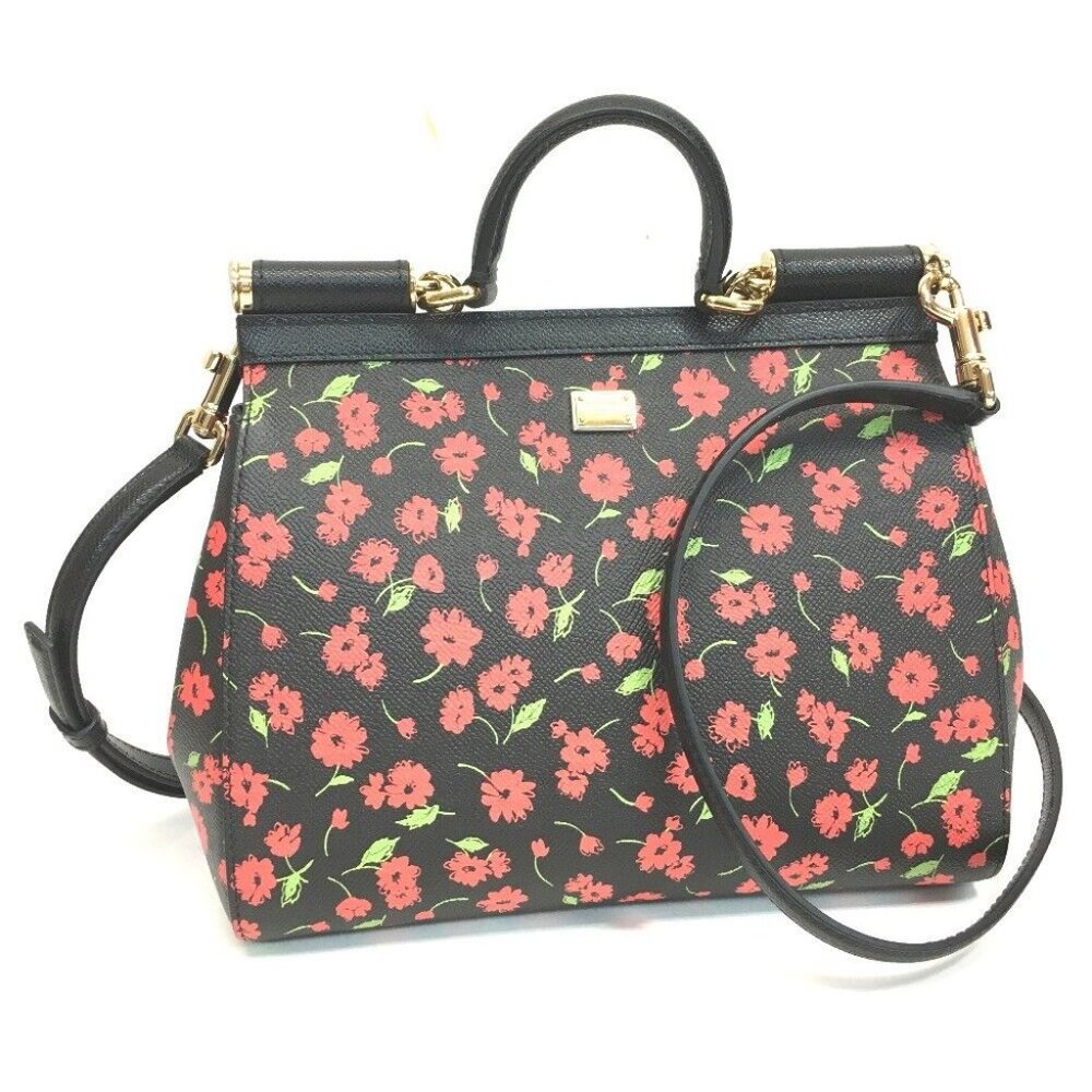 DOLCE & GABBANA Flower Pattern Sicily 2 Way Bag Red Leather